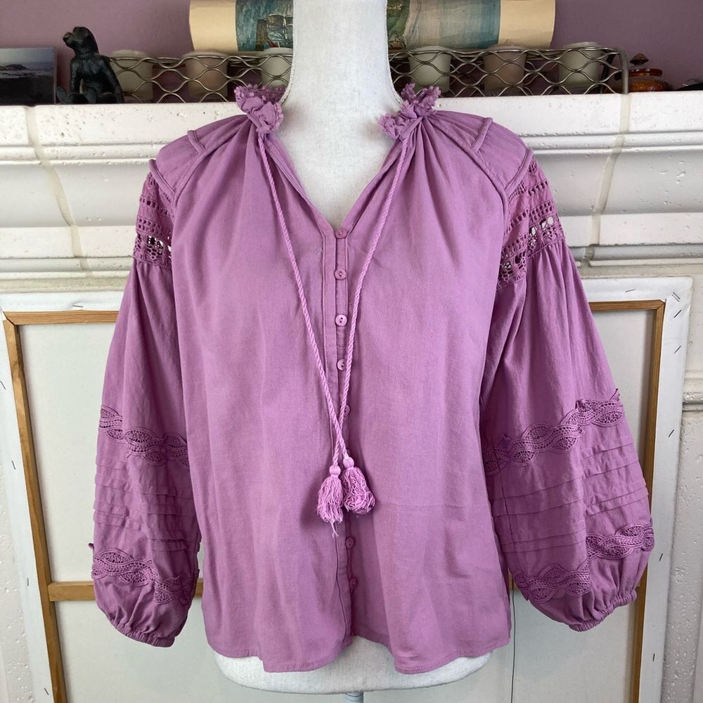 Suncoo Paris Luna lavender boho blouse w/ tucks, lace and tassel ties from Paris